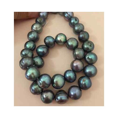 Gorgeous huge 9-10mm south sea baroque black green pearl necklace 17inch 14k