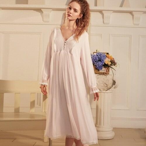 Autumn French Palace Sexy V-neck Solid Color Pure Cotton Long-sleeved Lace Ladies Nightdress with Buttoned Chest Long Skirt