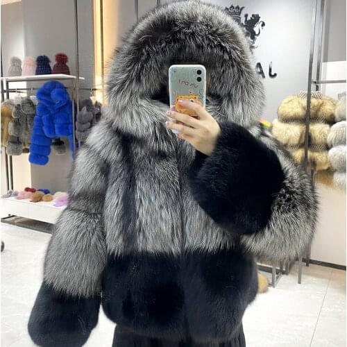 Fur Coat Women With Hood Fashion Luxury Real Silver Fox Fur Coat 2021 Black Short Winter Jacket Women