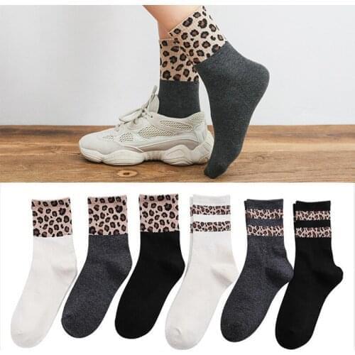 Retro Leopard Print Cotton Women Socks Stripe Fashion Harajuku Street Cool Cozy Vintage Korean Animal Girl Gift Funny White INS