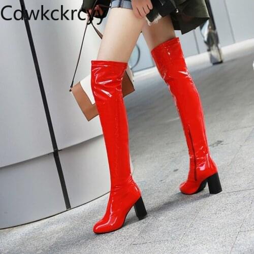 Winter The New fashion Pointed Thick heel Over the knee long Boots red Sexy Plus velvet Keep warm High heel Women boots 34-48