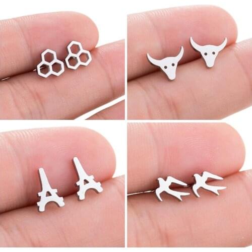 Sasusp 4 Pair Stainless Steel Honeycomb Bull-head Eiffel Tower Swallow Earrings For Women Fashion Party Shopping Jewelry