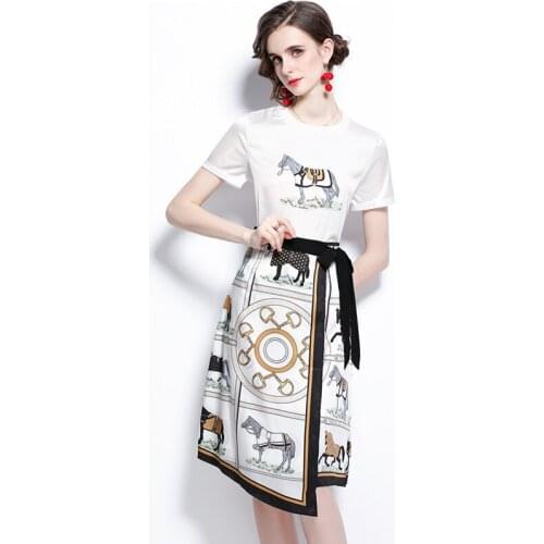 Menahem 2021 Summer Animal Horse Print Two Piece Sets Womens Short Sleeve T Shirt Tops and Irregular Plaid Lace Up Midi Skirts
