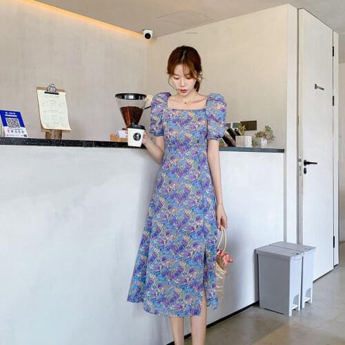 2021 Elegant Purple Square Collar Floral Print Dress Summer Short Sleeve Slim Women Party High Split Long Maxi Dresses Y343
