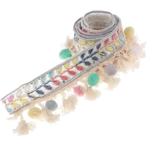1 Yard Boho Style Ball Fringed Lace Jacquard Ribbon with Pompom Ball Tassel Tape