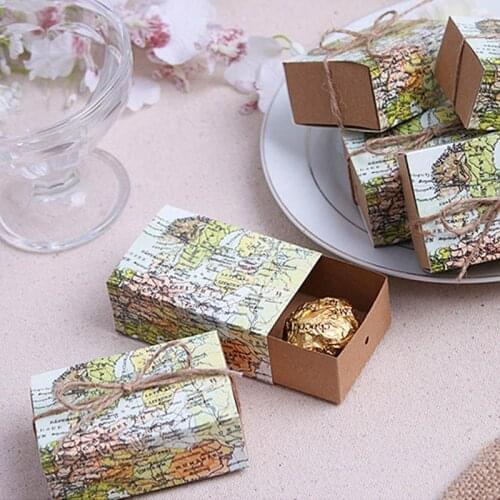 10 Pcs Around the World Map Favor Boxes Vintage Kraft Favor Box Candy Gift bag for Travel Theme Party Wedding Birthday