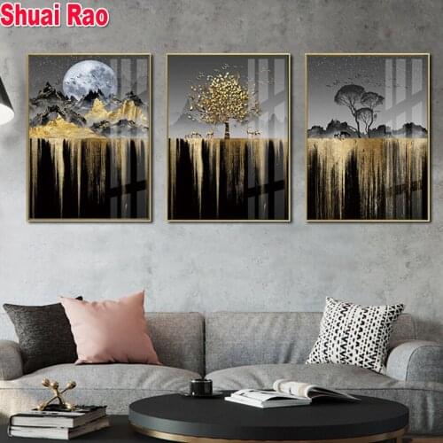 5D DIY full square diamond painting Abstract Moon Tree Landscape pictures embroidery round diamond mosaic paintings 3 piece