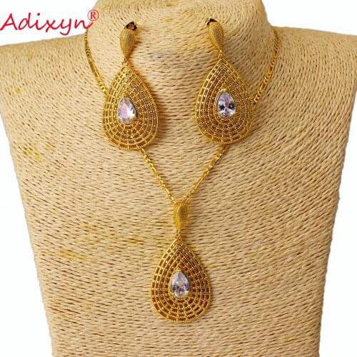 Adixyn Trendy Gold Color Crystal Necklace Earrings Pendant Jewelry set For Women African Middle east Dubai Gifts