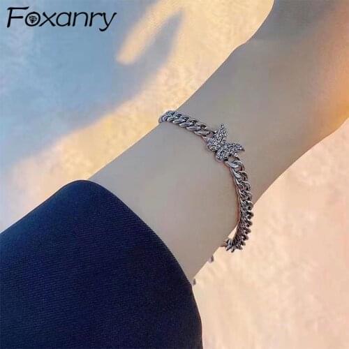 Foxanry 925 Sterling Silver Bracelets for Women Summer New Trendy Elegant Vintage Sweet Sparkling Butterfly Zircon Bride Jewelry