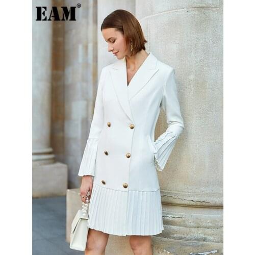 [EAM] Women White Double Breasted Pleated Suit Dress New Notched Long Sleeve Loose Fit Fashion Tide Spring Autumn 2021 1S071
