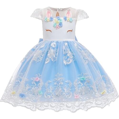 Unicorn Party Dress Girl Ruffle Sleeve Princess Dress Birthday Present Kids Dresses for Girls Cartoon Mesh Childrens Clothing