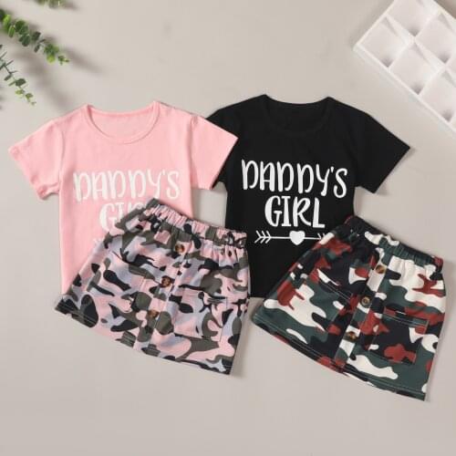 FOCUSNORM 2pcs Toddler Baby Girls Clothes Sets 1-6Y Letter Short Sleeve T Shirts Tops Camouflage Printed A-Line Skirts