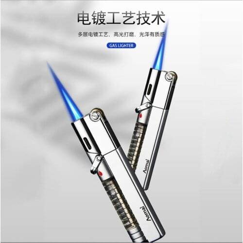 Gas Lighter Mens Grinding Wheel Creative Strong Straight Into The Blue Flame Cigar Windproof Metal Lighter Fixed Flame