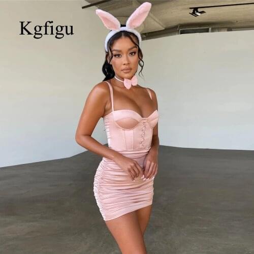 KGFIGU 2021 New Arrival Spaghetti Strap Pleated Sleeveless Backless Elegant Good Quality Birthday Outfits For Women