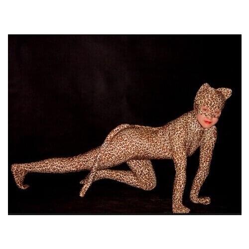 LP25) Leopard Spandex Tights Fetish Zentai Suit With Ears And Tail
