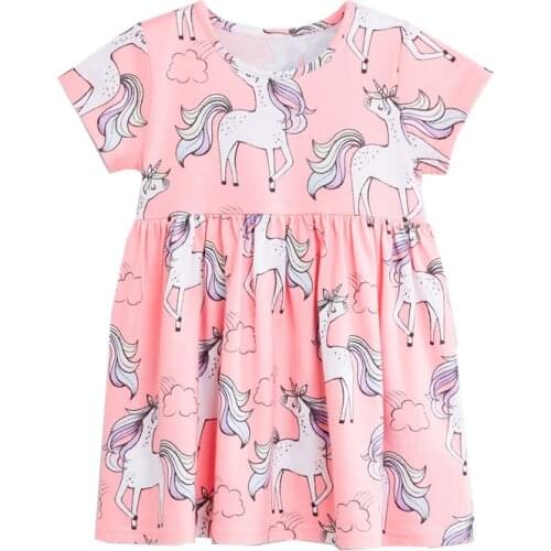 2021 CDJLFH Dress Novelty Girls Tops Dresses Kids Cotton Unicorn Floral Print Animal Baby Girls Clothes Dress Short Sleeve Dress