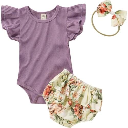 3 Pcs Summer Baby Girls Romper + Headband Cotton Ruffles Sleeveless Infant Baby Children Rompers Newborn Clothes