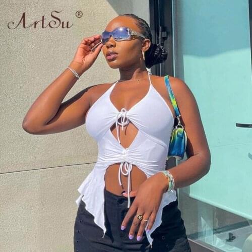 ArtSu Sexy Cut Out Halter White Crop Tops Women Drawstring Ruched Sleeveless Club Top Streetwear Black Tank Top Femme Summer