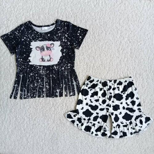 Summer Girls Outfits Short Sleeve Cute Milk Cow Tassels Shirt Shorts Outfits Kids Boutique Set