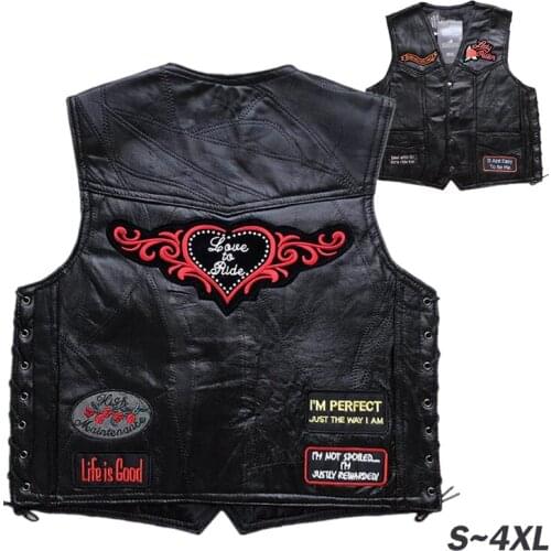 Motorcycle Vest Mens Stitching Sheepskin Leather Waistcoat with Embroidered Badge Motocross Equipment Motorcycle Jacket