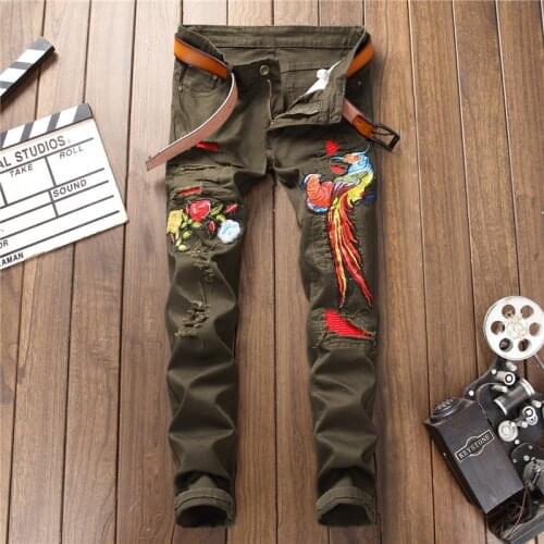 2021 Men’s Embroidery Slim-fit Denim Pants,Elastic&Washed Ripped Distressed Casual Jeans,Youth Fashion Must