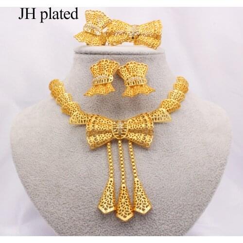 Nigeria Dubai 24K Gold jewelry sets African bridal wedding gifts party for women Bracelet Bowknot Necklace earrings ring sets