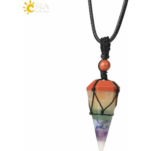 CSJA Natural Stone Rope Wrap Necklace Handmade 7 Chakra Hexagonal Prism Pendant Necklaces Healing Crystal Dowsing Pendulum G715