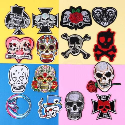 Punk spade Skull Embroidery month rose Skull Patches for Clothing Iron on Clothes Biker Motorcycle Badge Clothing accessories