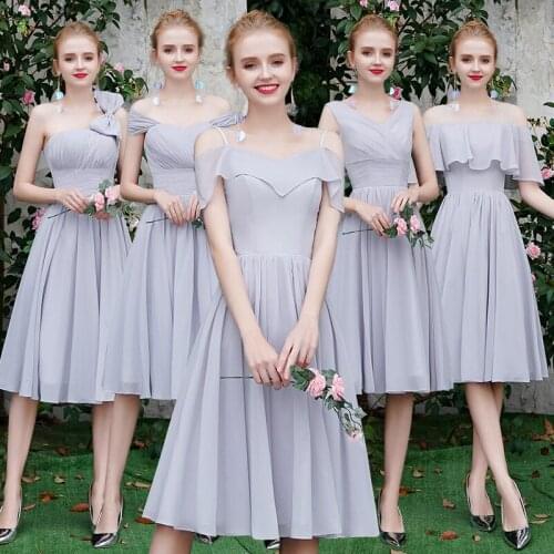 Bridesmaids Dress Simple Sleeveless Strapless Jersey Off The Shoulder Pleat Luxury Gray Knee-Length Lady Wedding Party Gown E337