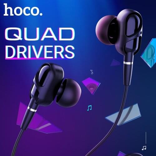 Hoco quad driver wired earphones with mic noise reduction 3.5 jack headset 1.2m TPE braid one button remote angled earbuds