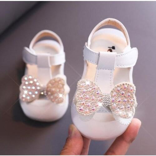 Girls Sandals Bow Princess Rhinestone Shoes For Kids Children Baby Beach Shoes Crystal Leather Sandal 2021 Summer