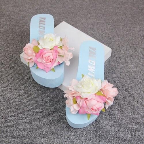 2018 Summer Handmade Large Peony Flower Casual Flip Flops Slippers Online 11cm Women High Heel Wedge Beach Shoes