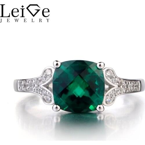 Leige Jewelry Emerald 925 Sterling Silver Ring Green Gemstone Cushion Cut May Birthstone Engagement Ring for Women