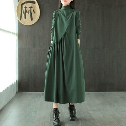 Vintage Long Dress Cotton Shirt Dress Women Plus Size Clothing Turtleneck Loose Ladies Dresses Casual 2021 Spring Plus SizeDress
