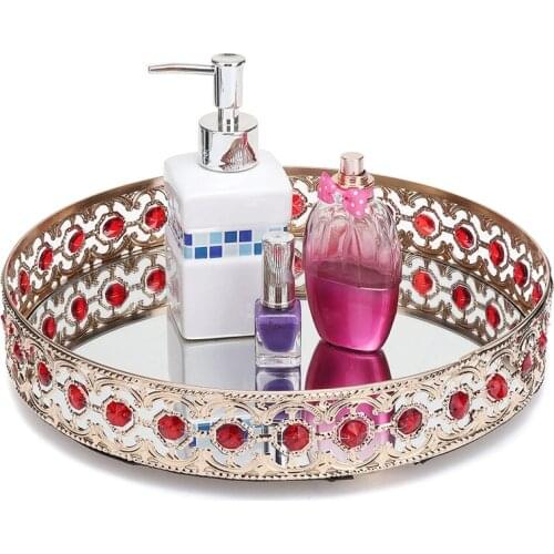 Vintage Hollowed Crystal Glass Mirror Tray Cosmetic Jewelry Storage Organizer Fruit Dessert Plate