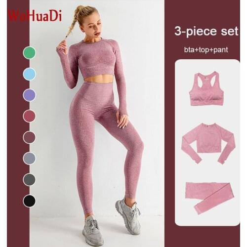 WOHUADI 2/3 Piece Seamless Yoga Set Women Fitness Sports Long Sleeve Top Shirt Push up Leggings Sports Bra Gym Sportswear Female