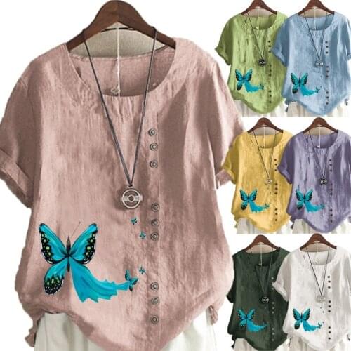 Womens Linen Shirt Round Collar Butterfly Printed T-shirt Short Sleeve Casual Shirt Ladies Plus Size Looes Tops & Blouses