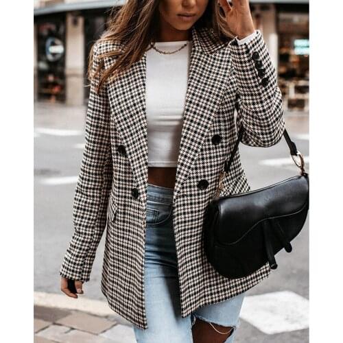 Womens Elegant Slim Plaid Jacket Vintage Button Double Breasted Suit Jacket 2021 Autumn Temperament Casual Fashion Small Suit