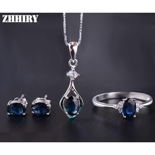 ZHHIRY Women Natural Spphire Jewelry Sets Genuine Gemstone Ring Earrings Pendant Necklace 925 Sterling Silver