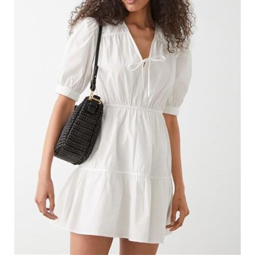 Womens Elastic Waist Cotton Mini Dress V-Neck Ladies Lace-Up Puff Sleeve Simple White Black Short Robe Summer 2021