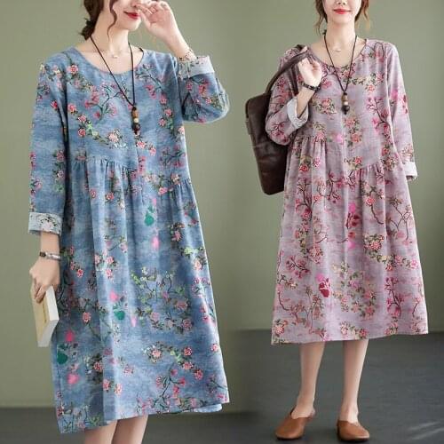 2021 New Arrival Print Floral Prairie Chic Vintage Autumn Dress Cotton Linen Office Lady Work Dress Women Casual Spring Dress