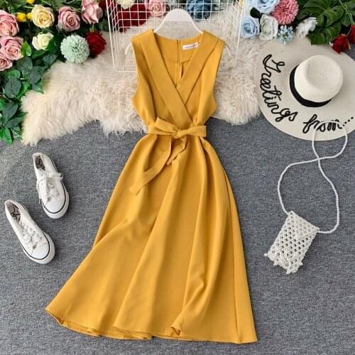 2020 Summer V Neck Dress Women Casual Sleeveless Dresses Elegant Temperament Slim Party Dress Women A-Line Dresses Vestidos H072