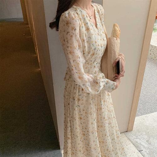 2021 Spring New Floral Chiffon Dress Women Long Sleeve Gentle Skirt V Neck Fairy Dress Office Lady A Line High Slim Waist Korean