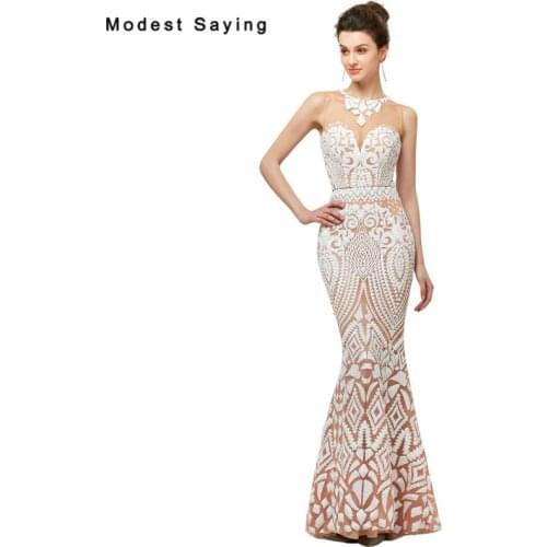 Luxury Sheer Ivory Mermaid Sequined Lace Evening Dresses 2018 with Nude Lining Engagement Party Prom Gown vestido de festa longo