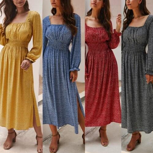 Vintage Floral Print Maxi Dress Women Casual Dresses Fashion Floral Print Tight Waist Large Swing Square Neck Long Sleeve Dress
