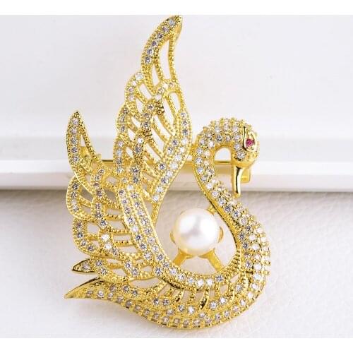1pc 6mm White Pearl 40X56mm 18K plated Cz micro Pave Swan Brooch