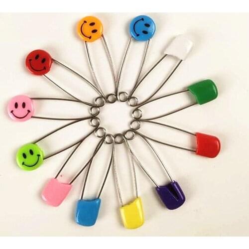 10pcs 55mm Safety Pins Child Proof Candy-Color- Smile Cute Baby Safe Pins Plastic Head for Fabric Diapers Garment Repair