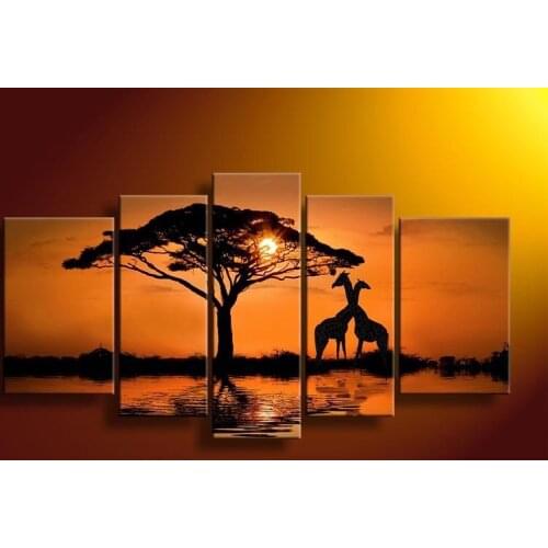 100% Hand painted Sunset the giraffe landscape Wall Decor Oil Painting on canvas 5pcs