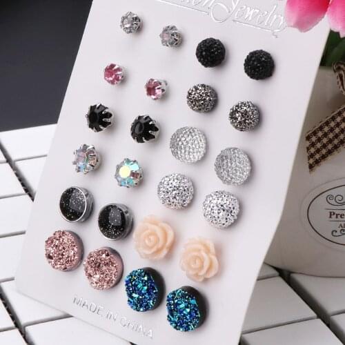 12 Pairs Assorted Month Round Crystals Druzy Stone Resin Stone Round Stud Earrings Set Women Fashion Jewelry