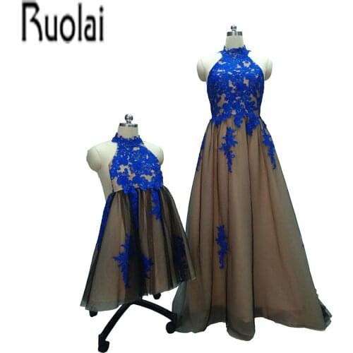 2017 Mother And Girl A Line Tulle Royal Blue Lace Appliques Custom Made Formal Long Evening Dresses For Wedding Party